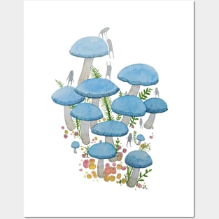 Blue Mushroom Watercolour Illustration Posters and Art